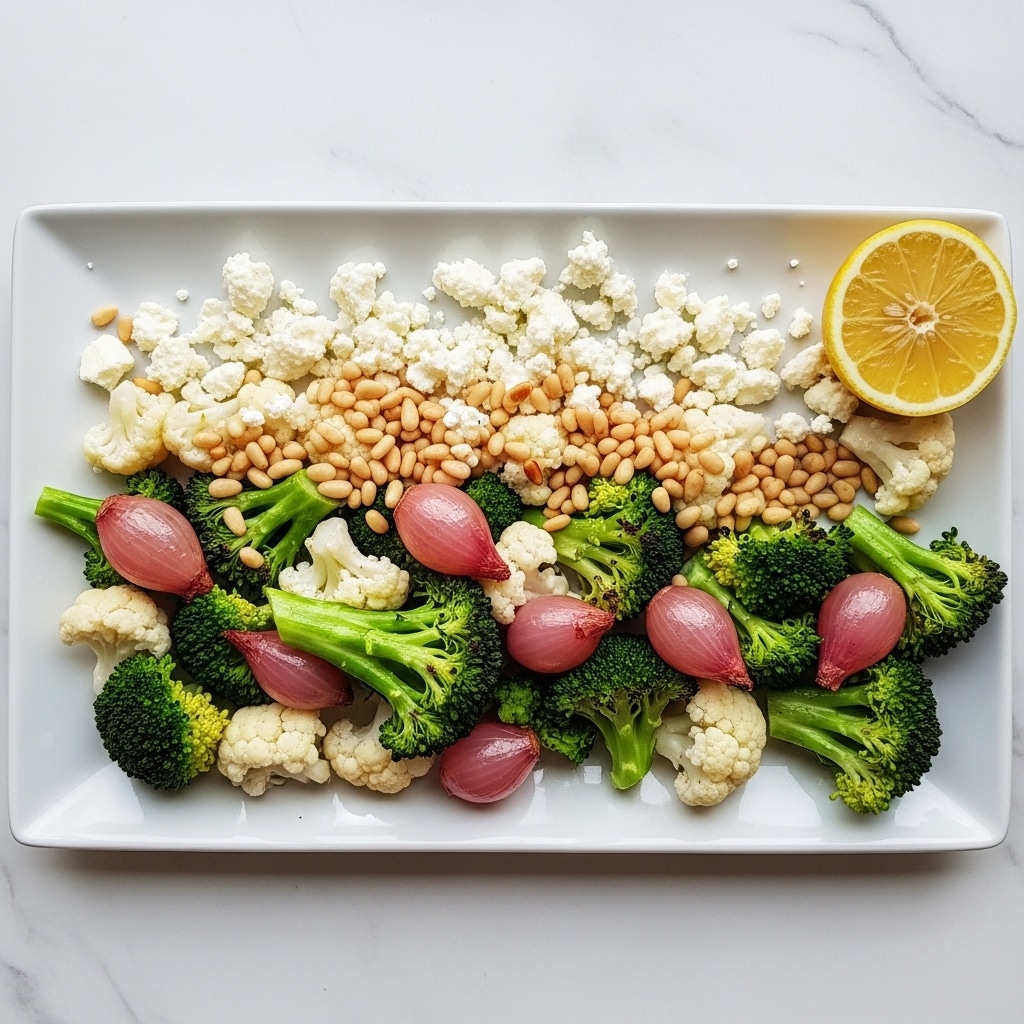 A white rectangular plate holds a colorful roasted vegetable dish arranged in one layer. The base consists of bright green broccoli florets and creamy white cauliflower pieces, roasted lightly with a slightly crisp texture. Scattered on top are small toasted pine nuts adding a glossy brown contrast, along with chunks of crumbly white cheese. There are also a few purple shallots nestled within the vegetables, and a half lemon wedge sits on the plate's edge with its bright yellow rind and juicy interior visible. The plate is set against a white marbled textured background. photo taken with an iphone --ar 4:5 --v 7