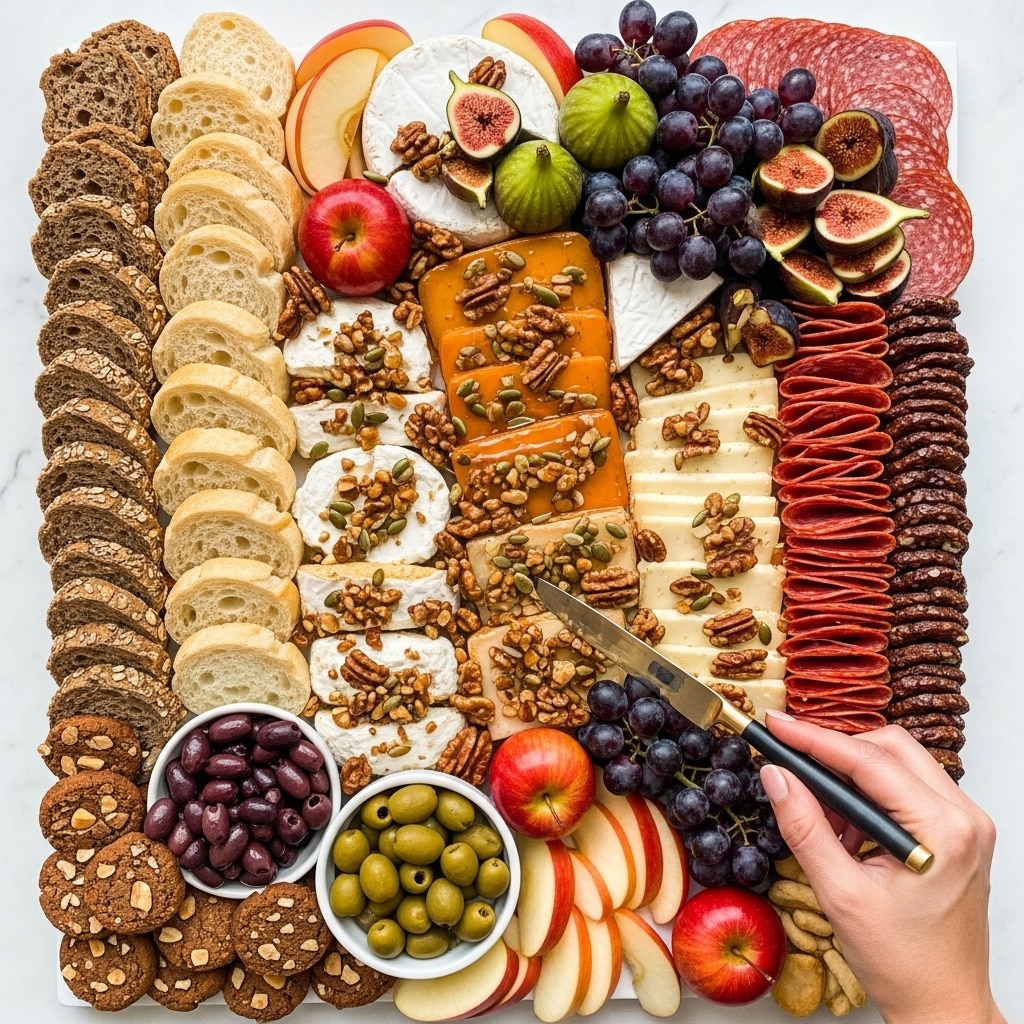 A large white plate is filled with an assortment of foods arranged in loose layers on a white marbled surface. There are slices of light and dark seeded bread on the left and bottom edges. Clusters of dark purple grapes are placed in the top right and bottom right corners. Near the top left, there are wedges of white and blue-veined cheese, and nearby are rounds of sliced reddish cured meat. In the center, there are round cheese wheels covered with a shiny, amber-colored topping studded with nuts and seeds. Halved figs with pink interiors and whole yellow and purple figs are scattered around the plate. A few apple slices and a pile of round cookies with nuts complete the spread. At the bottom right, a woman’s hand holds a knife that is cutting into the cheese with nuts. Photo taken with an iphone --ar 4:5 --v 7