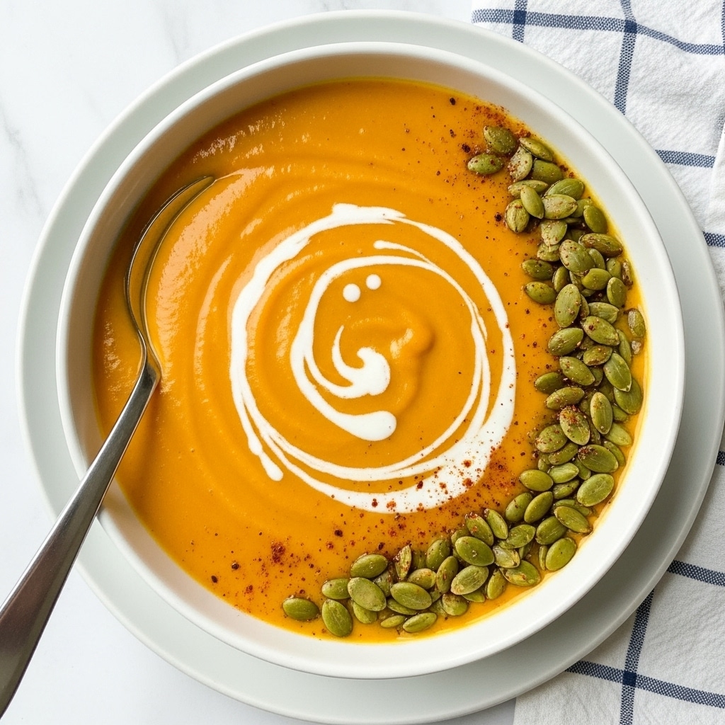 A white bowl with a scalloped edge sits on a white plate on a white marbled surface, filled with smooth, bright orange soup. The soup has a swirl of cream in the center, creating a soft white spiral pattern on top. On one side of the soup, there is a small pile of green pumpkin seeds scattered with a light dusting of red powder behind them. A shiny silver spoon rests on the edge of the bowl, partially dipped into the soup. The corner of a white cloth with a blue grid pattern is visible at the top right. Photo taken with an iphone --ar 4:5 --v 7