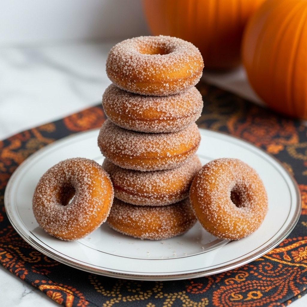 A stack of five round cinnamon sugar-coated doughnuts with a rough, grainy texture sits in the center of a white plate with a thin silver rim. Two small doughnut holes, also coated in cinnamon sugar, rest beside the stack on the plate. The doughnuts are golden brown and slightly uneven in shape, emphasizing their homemade look. The plate is placed on a dark patterned cloth on a white marbled surface, and an orange pumpkin is softly blurred in the light background. Photo taken with an iphone --ar 4:5 --v 7