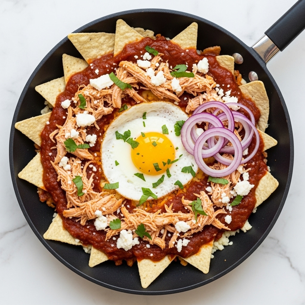 A black cast iron skillet filled with a single layer of yellow corn tortilla chips arranged in a circle. On top, there is a layer of chunky red salsa spread unevenly over the chips, followed by shredded light brown chicken scattered around the center. In the middle, a sunny-side-up egg with a bright yellow yolk and white edges sits prominently, topped with thin rings of purple onion. Small white cheese crumbles are sprinkled across the whole dish, with a few small green herb leaves scattered for garnish. The skillet is placed on a white marbled surface. Photo taken with an iphone --ar 4:5 --v 7
