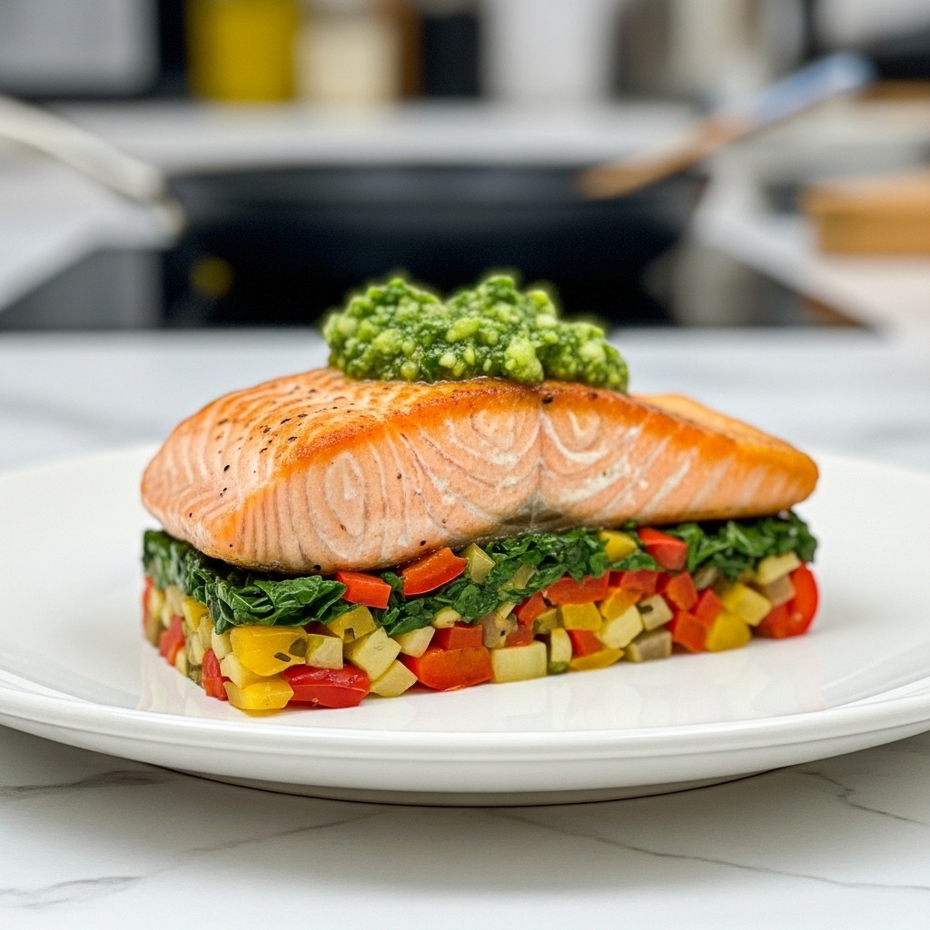Crispy Skin Salmon with Mediterranean Vegetable Base Recipe