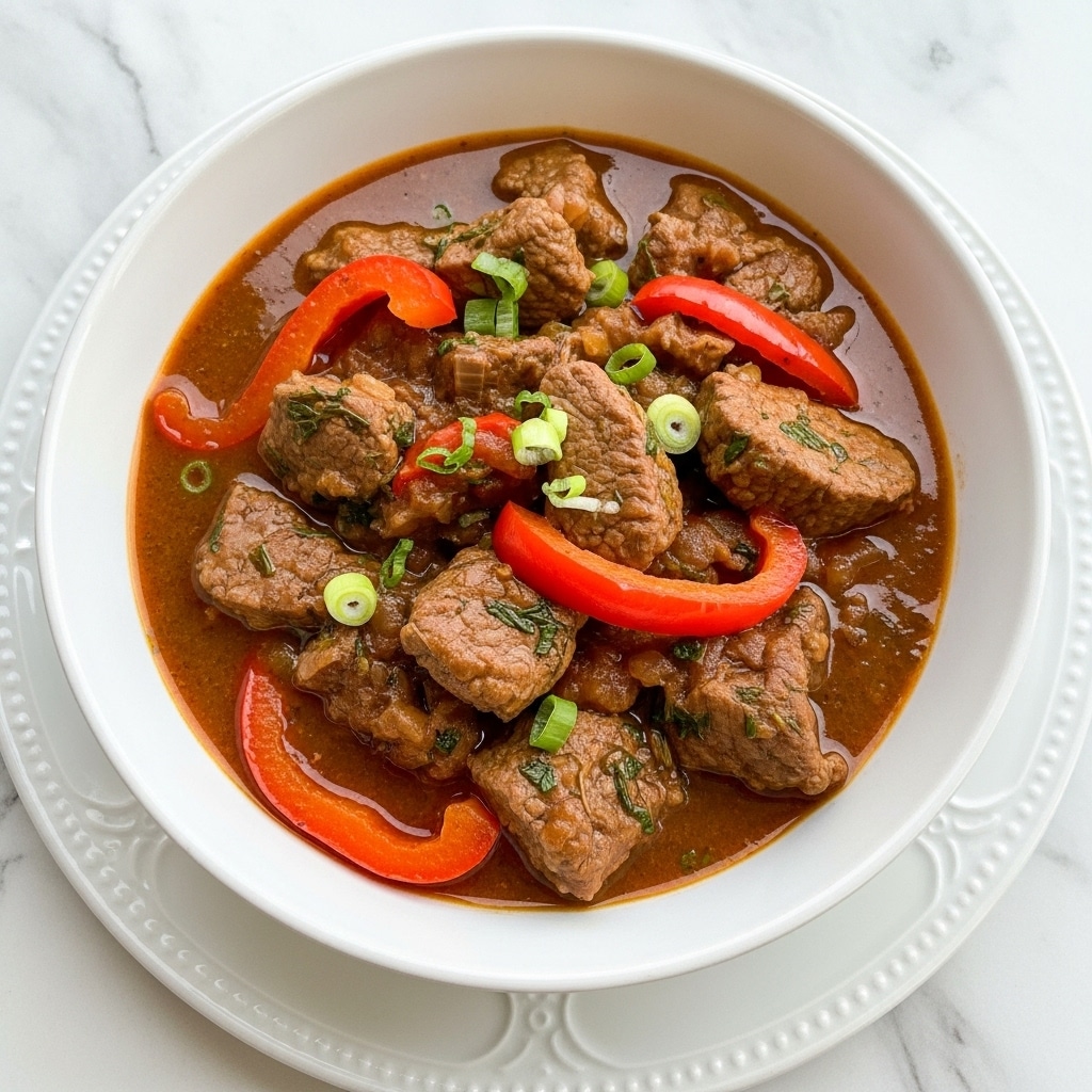 A white bowl filled with dark brown beef stew that has thick slices of tender meat, scattered with thin red pepper strips and small bits of green herbs on top, sitting on a white plate with a soft light brown rim, all placed on a white marbled surface. photo taken with an iphone --ar 4:5 --v 7