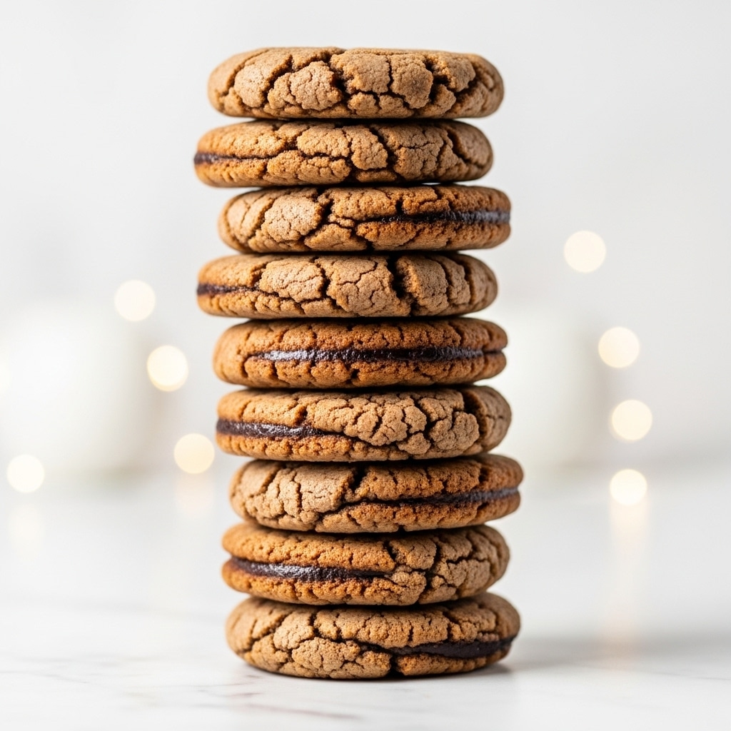 A tall stack of ten round, brown ginger cookies with a cracked surface texture, showing a slightly rough and crumbly look. Each cookie layer is thin and evenly baked, with subtle darker specks throughout the cookie dough. The stack is placed on a white marbled surface with soft bokeh lights in the background, adding a warm and cozy feel. The cookies are aligned neatly, forming a straight column that draws attention to their texture and golden color. Photo taken with an iphone --ar 4:5 --v 7