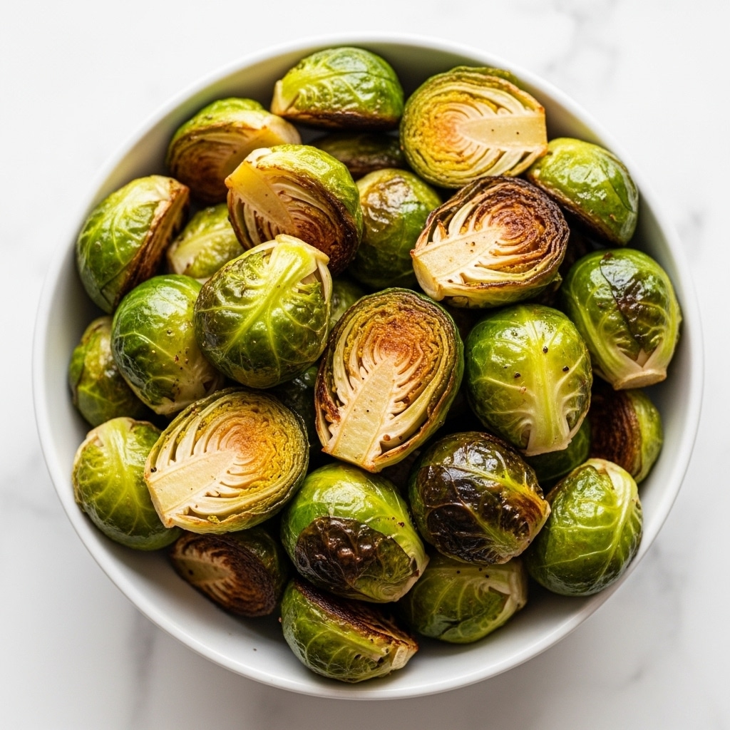 A white bowl filled with roasted Brussels sprouts, showing around two layers of small, green vegetable pieces. The outer leaves are slightly charred with a mix of dark brown and black spots, while some inner parts remain bright green and fresh. The texture looks crispy with some shiny oil on the surface, and a few parts have soft white stalks showing. The bowl is placed on a white marbled texture. photo taken with an iphone --ar 4:5 --v 7