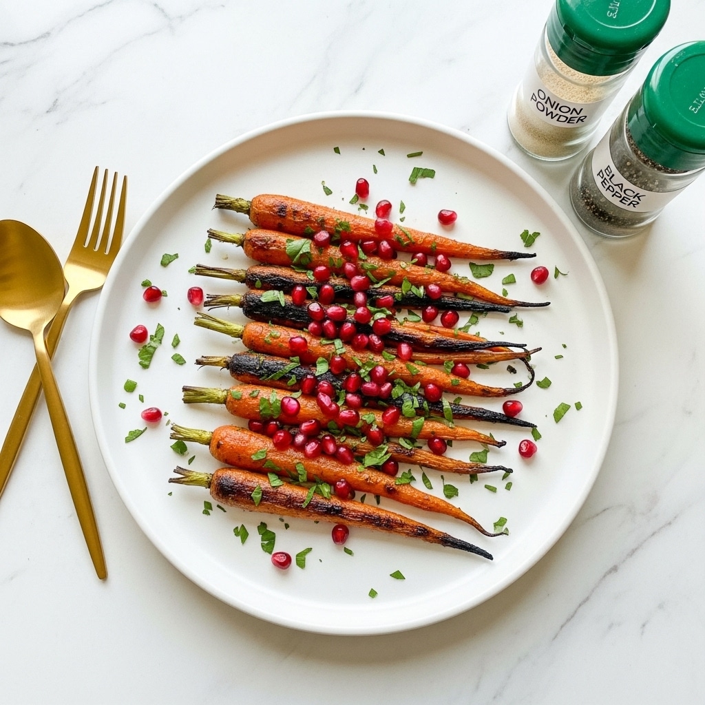 A round white plate filled with one layer of roasted whole carrots that are deep orange with some charred edges, arranged in parallel diagonally from top right to bottom left. The carrots are topped with scattered bright red pomegranate seeds and finely chopped green herbs. The plate sits on a white marbled surface, with two clear glass spice jars labeled “onion powder” and “black pepper” on the right side and golden fork and spoon on the left. photo taken with an iphone --ar 4:5 --v 7