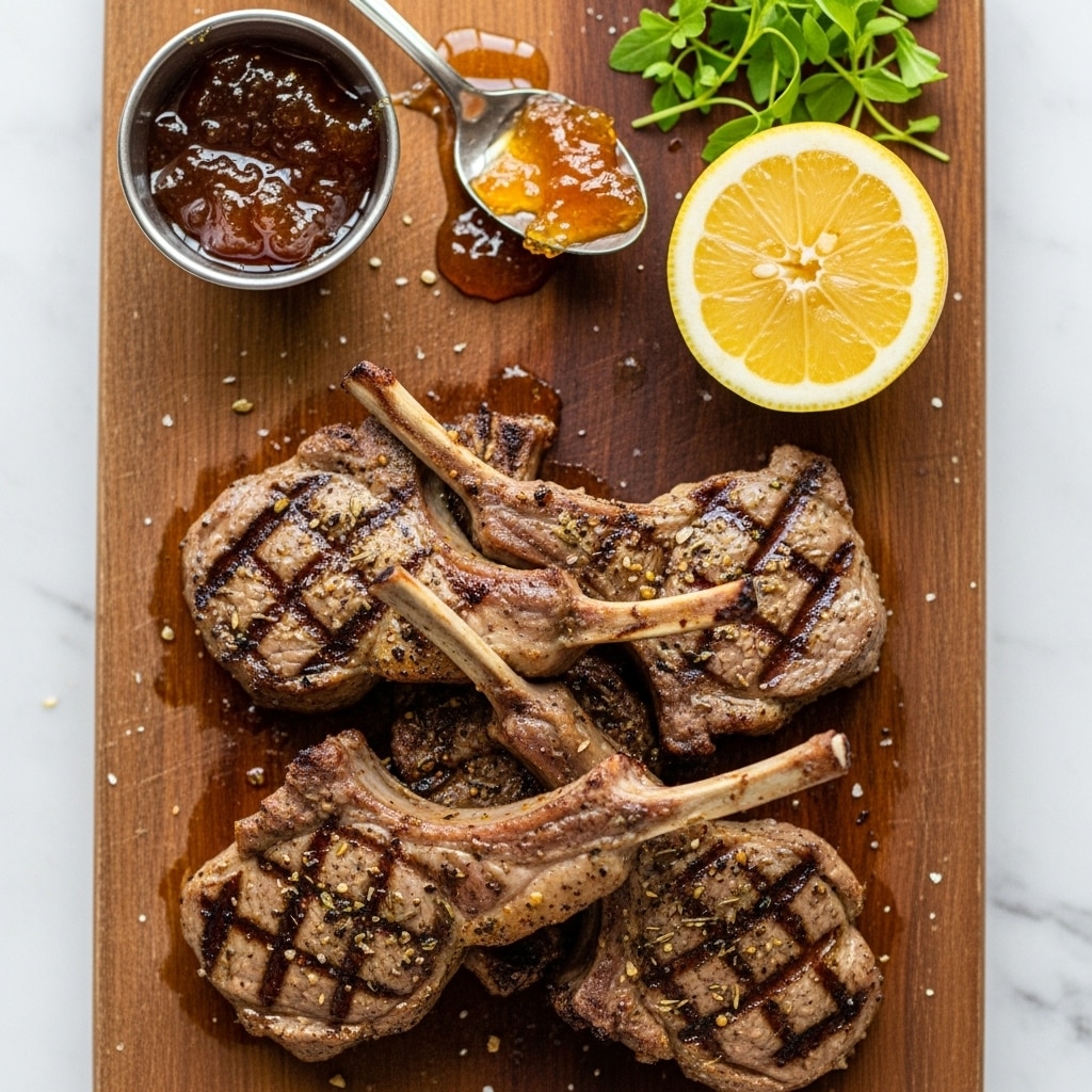 The image shows a wooden board with four grilled lamb chops stacked unevenly, each chop showing a mix of golden-brown crust and grill marks with a bone sticking out. To the left of the chops is a small white metal cup filled with orange-colored sauce, next to a silver spoon resting on the board with the same sauce dripping from it. On the right side of the board, there are two lemon halves, bright yellow with visible texture inside, and fresh green herb sprigs placed nearby. The wooden board lies on a white marbled surface, enhancing the colors and textures of the food. photo taken with an iphone --ar 4:5 --v 7
