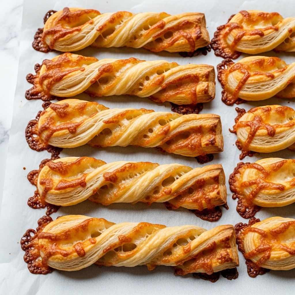 A close-up view shows six golden-brown pastry twists laid out on light parchment paper over a white marbled texture. Each twist has two visible layers of flaky, crispy dough with a cheese filling that has melted and browned, creating bubbly, textured patches along the length of each twist. The pastries are irregular in shape and size, emphasizing their crispy, crunchy outer layer with some darker browned spots from baking. The cheese oozes and crisps around the edges, adding texture and a rich color contrast. photo taken with an iphone --ar 4:5 --v 7