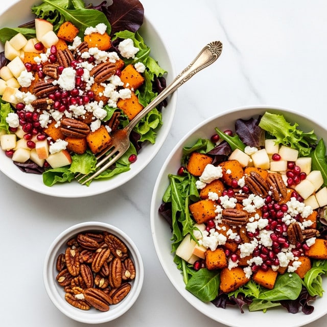 The image shows two white bowls filled with a colorful salad sitting on a white marbled surface. Each bowl contains three main layers: a base mix of dark and light leafy greens with a slightly rough texture, scattered bright orange cubes of roasted butternut squash, and small pale yellow and red apple chunks. On top of these layers, there are small deep red pomegranate seeds, whole caramelized pecans with a shiny glaze, and crumbly white feta cheese sprinkled generously. Each bowl has a vintage-style gold fork resting inside. Near the bottom is a smaller white bowl with extra caramelized pecans. The photo taken with an iphone --ar 4:5 --v 7