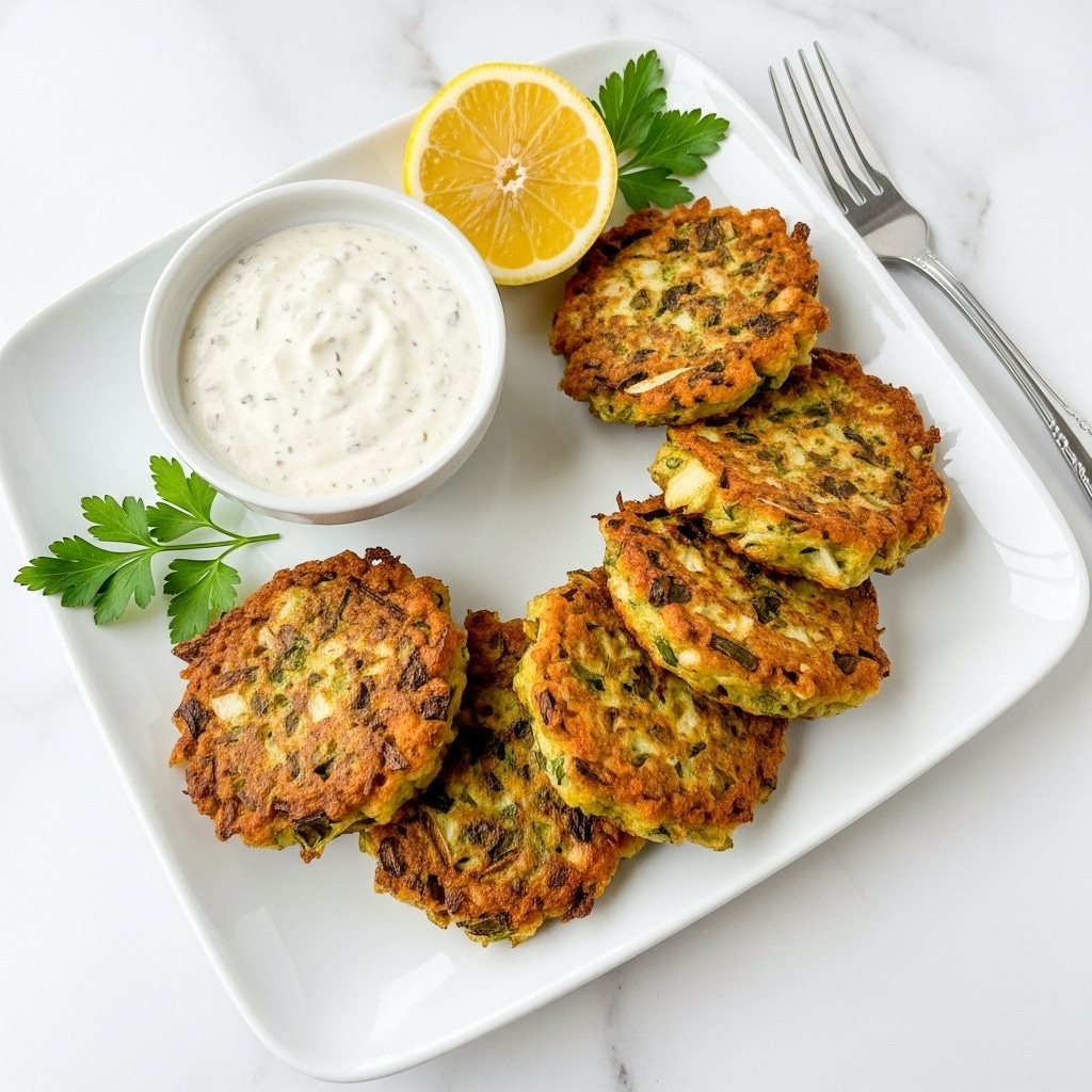 The image shows a white rectangular plate on a white marbled surface with five golden-brown vegetable fritters that have a rough, crispy texture and visible green bits inside. On the top right corner of the plate is a small white bowl filled with a creamy, pale sauce with specks of seasoning. Next to the bowl is a bright yellow lemon wedge. A small sprig of green parsley rests near the fritters. A silver fork is placed at the bottom right edge of the frame on the white marbled surface. The colors are warm and inviting against the bright green background. photo taken with an iphone --ar 4:5 --v 7