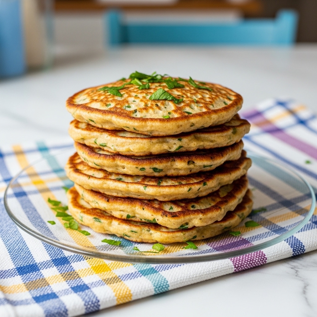 The image shows a clear glass dish filled with multiple golden-brown, crispy, round slices that look like they have a rough texture with small bits of herbs and spices visible on top, garnished with fresh green cilantro leaves scattered over them. The dish is placed on a white marbled surface covered partly with a white cloth featuring thin blue and yellow stripes. Photo taken with an iphone --ar 4:5 --v 7