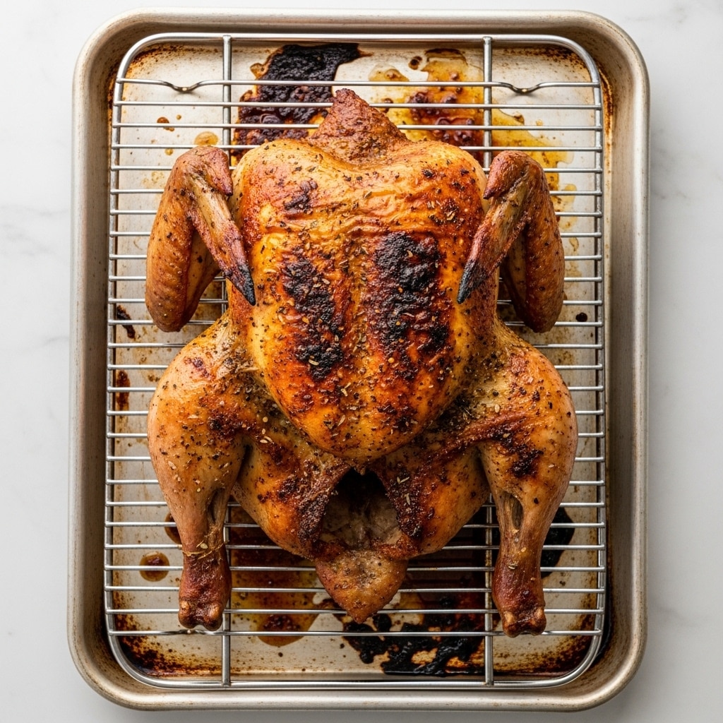 A whole roasted chicken is placed on a metal cooling rack over a baking tray, showing a crispy, browned skin with darker charred spice spots all over. The chicken lies flat with its legs spread out at the sides and wings tucked close to the body. The surface under the tray is a white marbled texture. The chicken's texture looks crunchy and well-cooked with a mix of golden and dark brown tones. photo taken with an iphone --ar 4:5 --v 7
