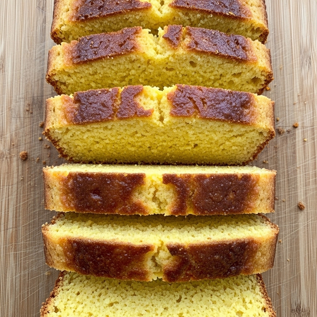 The image shows a loaf of yellowish cornbread cut into eight slices arranged side by side in a straight line on a light brown wooden cutting board with visible grain texture. The outer crust is golden brown with a slightly shiny, smooth look, while the inside of each slice is soft and crumbly with a spongy texture. The slices are evenly thick and placed closely together, showing clear separation between each piece. The cutting board surface contrasts with the warm color of the cornbread, which fills the center of the image. photo taken with an iphone --ar 4:5 --v 7