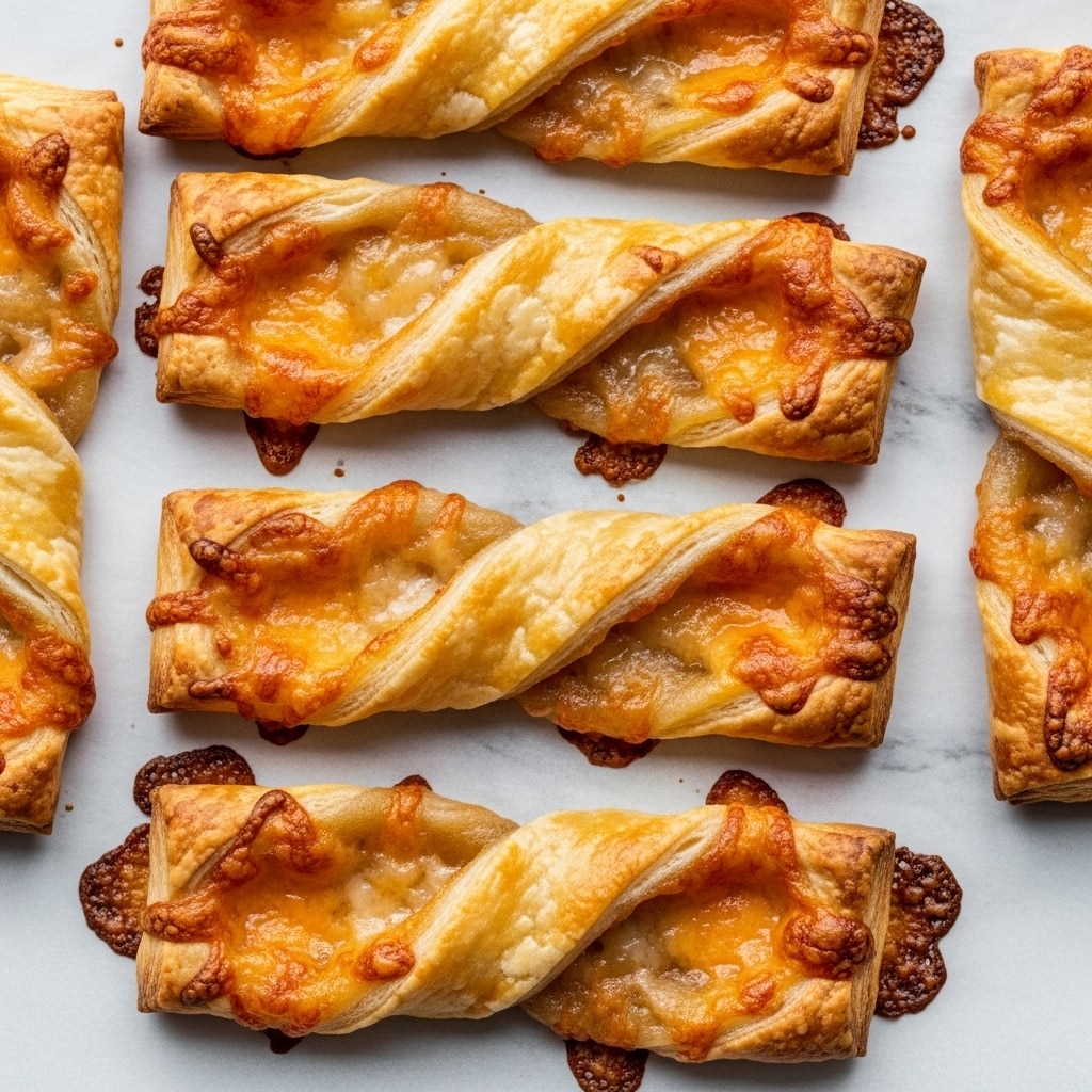 The image shows six golden-brown puff pastry cheese twists laid out in a row on parchment paper, each twist having multiple thin layers of flaky pastry spiraled tightly with melted cheese inside and slightly crisped, bubbly cheese edges sticking out around the sides. The surface of the twists is shiny and uneven, with some darker toasted spots showing on the cheese, giving a crunchy texture. The parchment paper underneath is smoothed flat on a white marbled surface. photo taken with an iphone --ar 4:5 --v 7