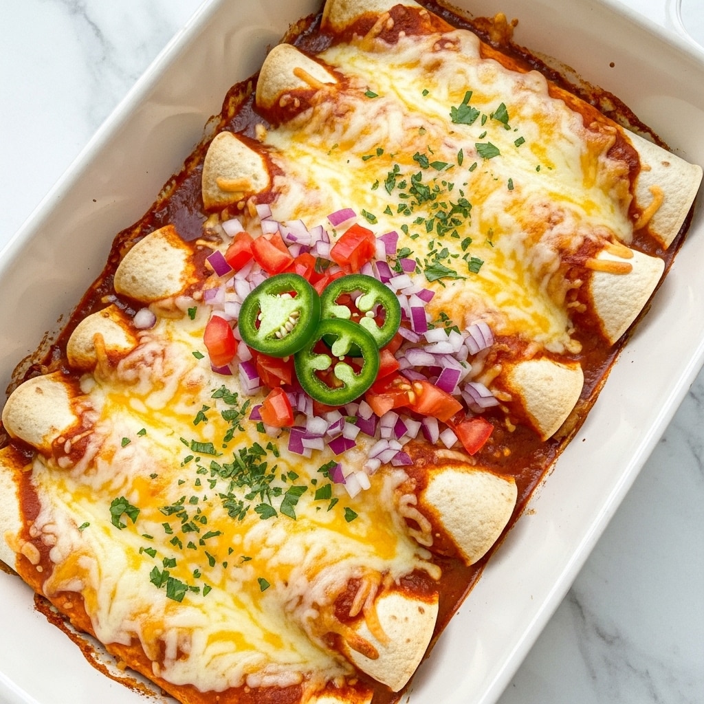 The image shows a white rectangular baking dish filled with eight rolled enchiladas arranged tightly in two rows of four. Each enchilada is covered with a generous layer of melted yellow and white cheese that is golden brown in some spots, giving it a baked texture. The sides of the enchiladas have a soft, slightly browned tortilla edge peeking out. On top, there is a colorful mix of diced red tomatoes, small pieces of purple onion, fresh green cilantro, and three slices of bright green jalapeño peppers placed in the center. The entire dish sits on a white marbled surface. Photo taken with an iphone --ar 4:5 --v 7