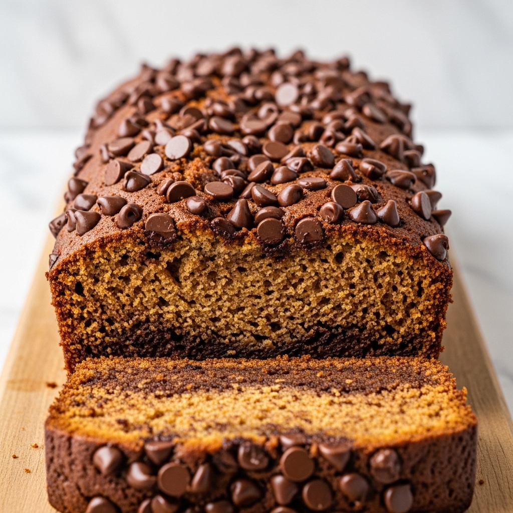 A loaf of golden brown bread with a rough, slightly crumbly texture sits on a wooden board with a thick crust. The top layer is studded with many shiny, dark chocolate chips, some slightly melted, creating a rich contrast against the lighter bread underneath. One thick slice, revealing the soft, airy inside, is placed beside the loaf, showing the porous texture and dense crumb. The background has a soft light coming from the right, with the whole scene set on a white marbled texture. photo taken with an iphone --ar 4:5 --v 7