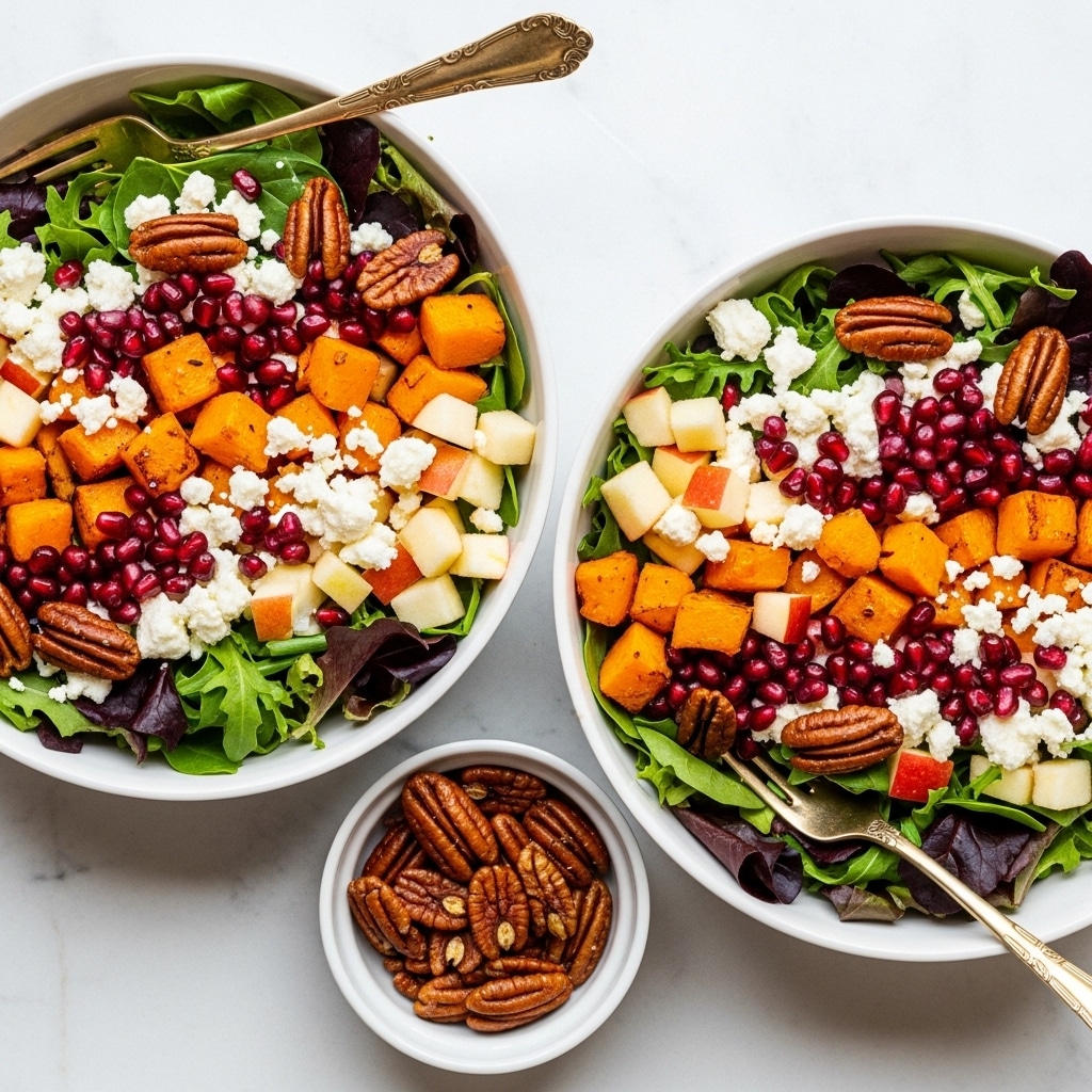 Two white bowls filled with a fresh salad sit on a white marbled surface. Each bowl contains a base layer of mixed green and purple lettuce leaves, topped with bright orange chunks of roasted squash, creamy white crumbled cheese, dark brown candied pecans, light beige diced apples, and scattered red pomegranate seeds. A vintage gold fork rests inside one bowl, partially covered by the salad. Below the bowls, a small white bowl holds more candied pecans. photo taken with an iphone --ar 4:5 --v 7