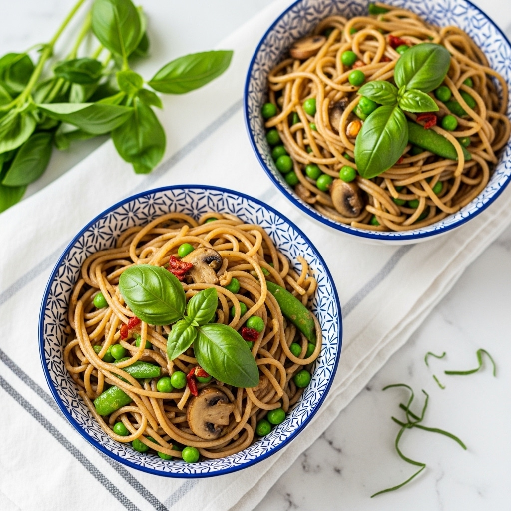 Two white bowls with blue patterns hold brown spaghetti noodles mixed with green peas, small mushroom slices, and bits of red pepper. The pasta is garnished on top with fresh green basil leaves. The bowls sit on a white marbled texture covered with a cloth that has thick, soft gray and white stripes. A few sprigs of green herbs lie around the bowls. photo taken with an iphone --ar 4:5 --v 7