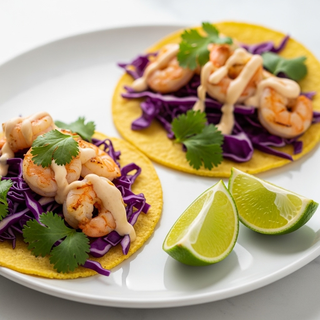 Two tacos sit on a white plate with a smooth marbled texture beneath. Each taco consists of a soft yellow corn tortilla as the base layer. On top, there is a layer of thinly sliced purple cabbage mixed with some green leaves. The next layer shows pieces of cooked shrimp, golden brown with a slight sear. A light drizzle of creamy white sauce with a hint of herbs covers the shrimp. Two wedges of lime with a fresh green color rest on the plate beside the tacos. Photo taken with an iphone --ar 4:5 --v 7