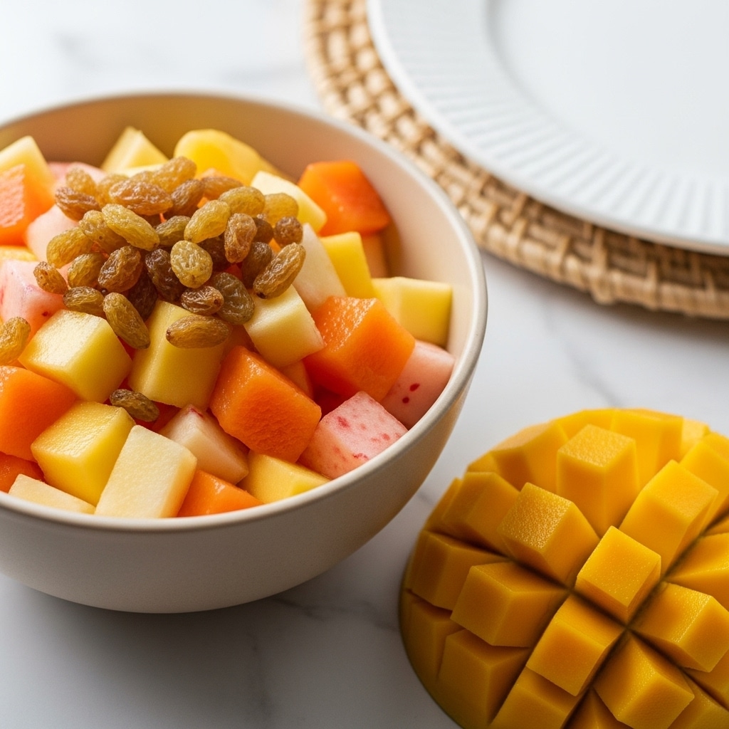A beige bowl filled with a mix of small cubed fruits mainly in shades of bright orange and yellow, with some small pieces of light pink and golden raisins scattered on top; the bowl sits on a white marbled surface. In the top right, a halved mango with crisscross cuts shows bright yellow flesh, and at the bottom right, a white plate holds more cubed mango pieces neatly arranged. A woven basket is partially visible on the left, all in warm, natural light. Photo taken with an iphone --ar 4:5 --v 7
