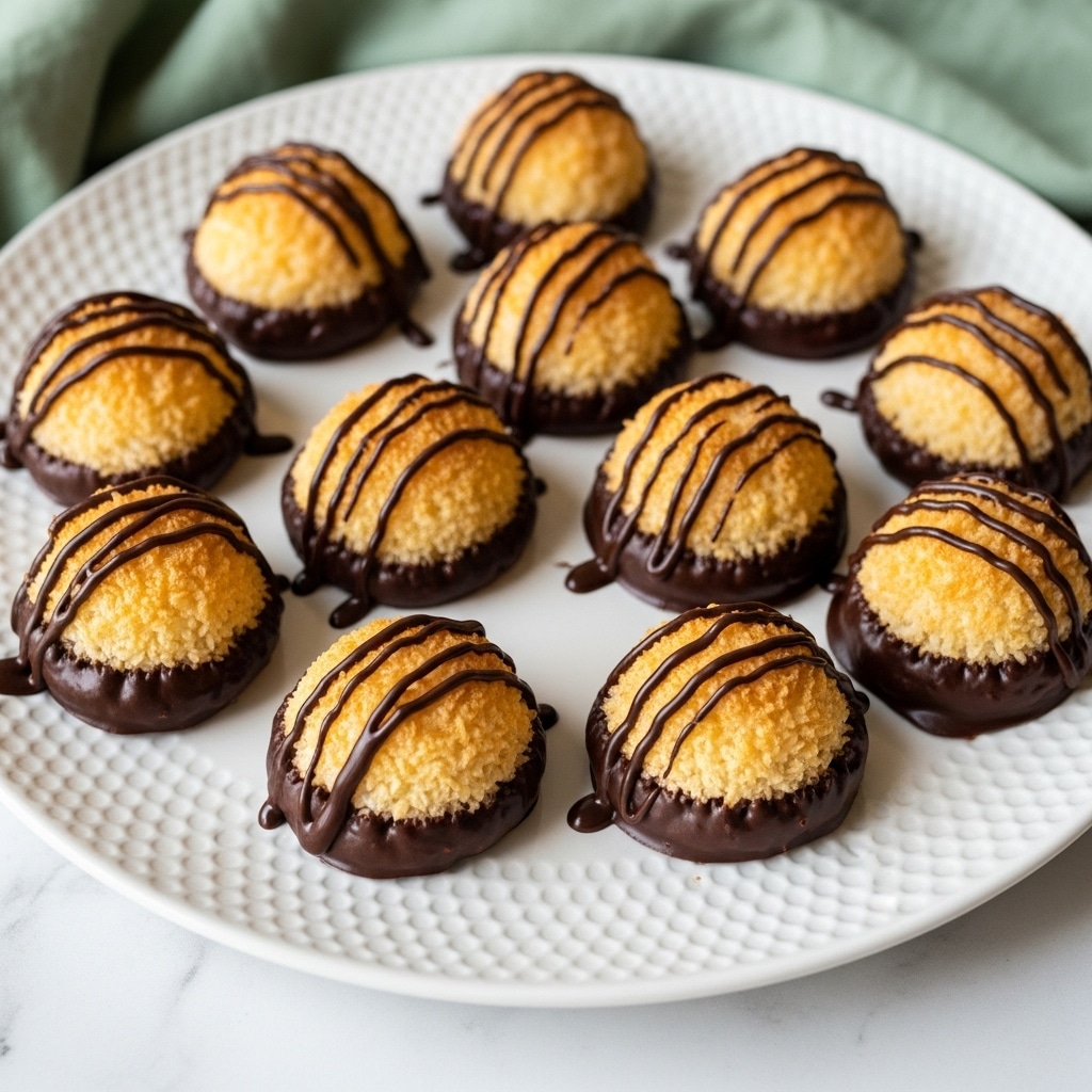 The image shows a white plate holding nine toasted coconut macaroons arranged in a loose circle. Each macaroon is dome-shaped with a rough texture, golden brown at the tips, and pale beige in the middle. The bottoms of all macaroons are dipped in a glossy dark chocolate layer that spreads irregularly on the plate. Some macaroons have extra dark chocolate drizzled in three neat, thick lines over their tops, creating contrast with their crunchy coconut surface. The plate is placed on a round wooden tray with a white marbled surface underneath. Photo taken with an iphone --ar 4:5 --v 7