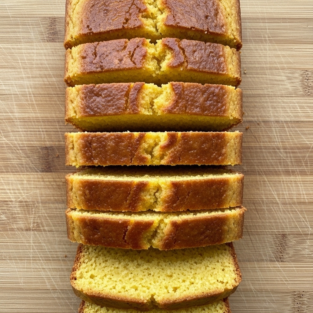 The image shows a loaf of yellow cornbread sliced into nine thick pieces laid flat on a wooden cutting board. The bread has a slightly shiny, golden-brown crust on top with a soft and crumbly yellow interior. The slices are evenly cut, with each piece showing a textured crumb that looks moist and airy. The cornbread loaf is centered in the image, filling most of the frame with no other objects around. The wooden cutting board has a light brown color with a visible grain pattern. photo taken with an iphone --ar 4:5 --v 7