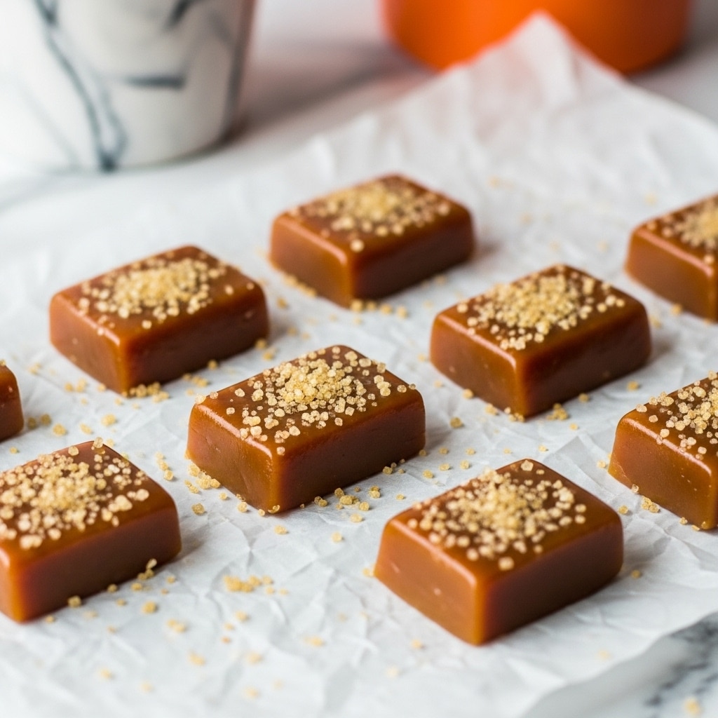 The image shows several small caramel candy pieces arranged on crumpled white parchment paper placed on a white marbled surface. Each caramel piece is a rich golden brown color with a soft, slightly glossy texture and topped with small, light golden oat flakes. In the background, there is a blurred white cup with a gray marbled pattern and an orange drink, adding a cozy feel to the scene. The focus is on the candies in the front center, emphasizing their chewy texture and oat topping. Photo taken with an iphone --ar 4:5 --v 7