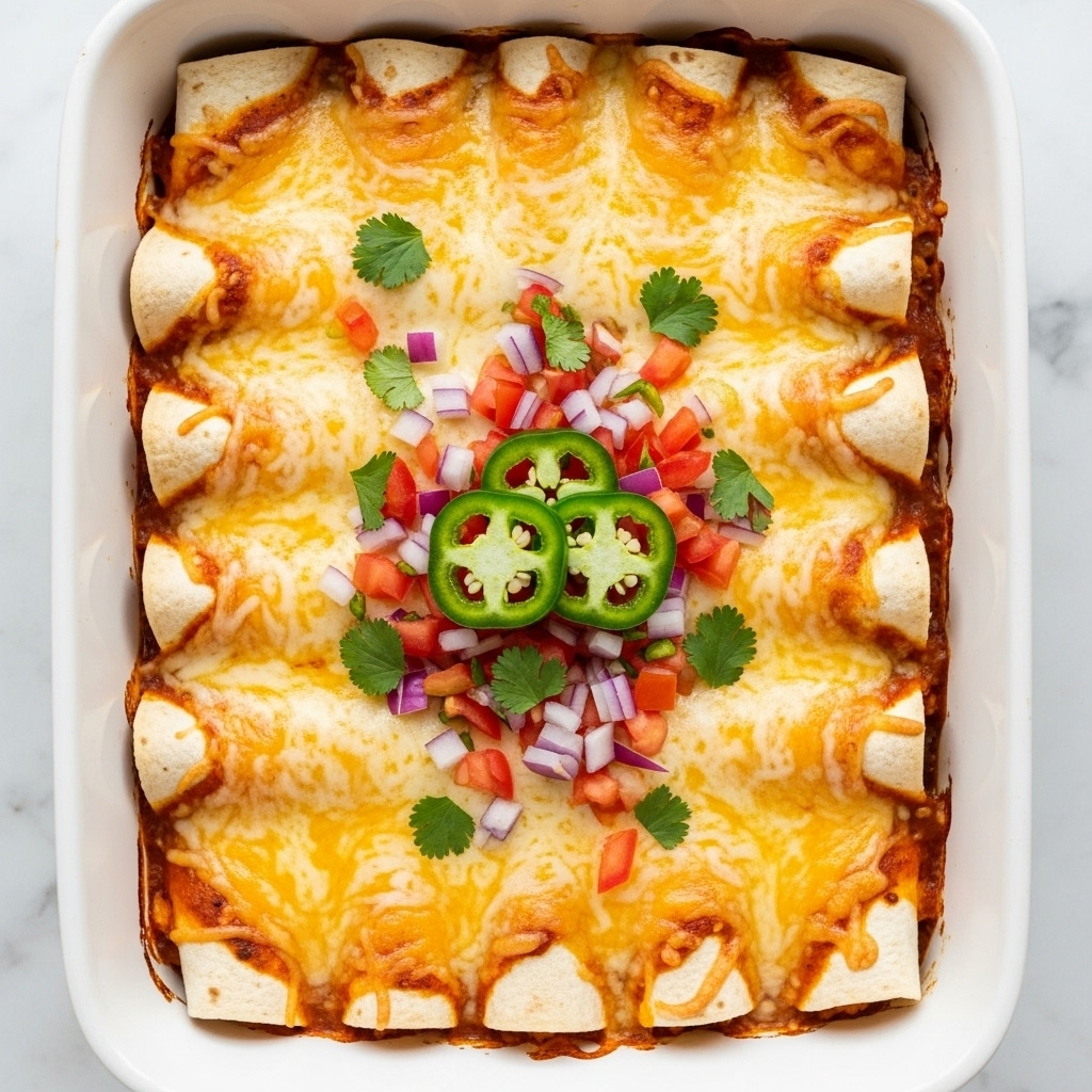 The image shows a white baking dish filled with a row of eight rolled tortilla enchiladas topped with melted yellow and white cheese that has some browned spots from baking. A rich red sauce peeks from under the enchiladas along the edges, adding a depth of color. The enchiladas are garnished in the center with small diced red tomatoes, finely chopped red onions, and three green jalapeño slices, along with a sprinkle of chopped green herbs. The dish is placed on a white marbled surface. Photo taken with an iphone --ar 4:5 --v 7