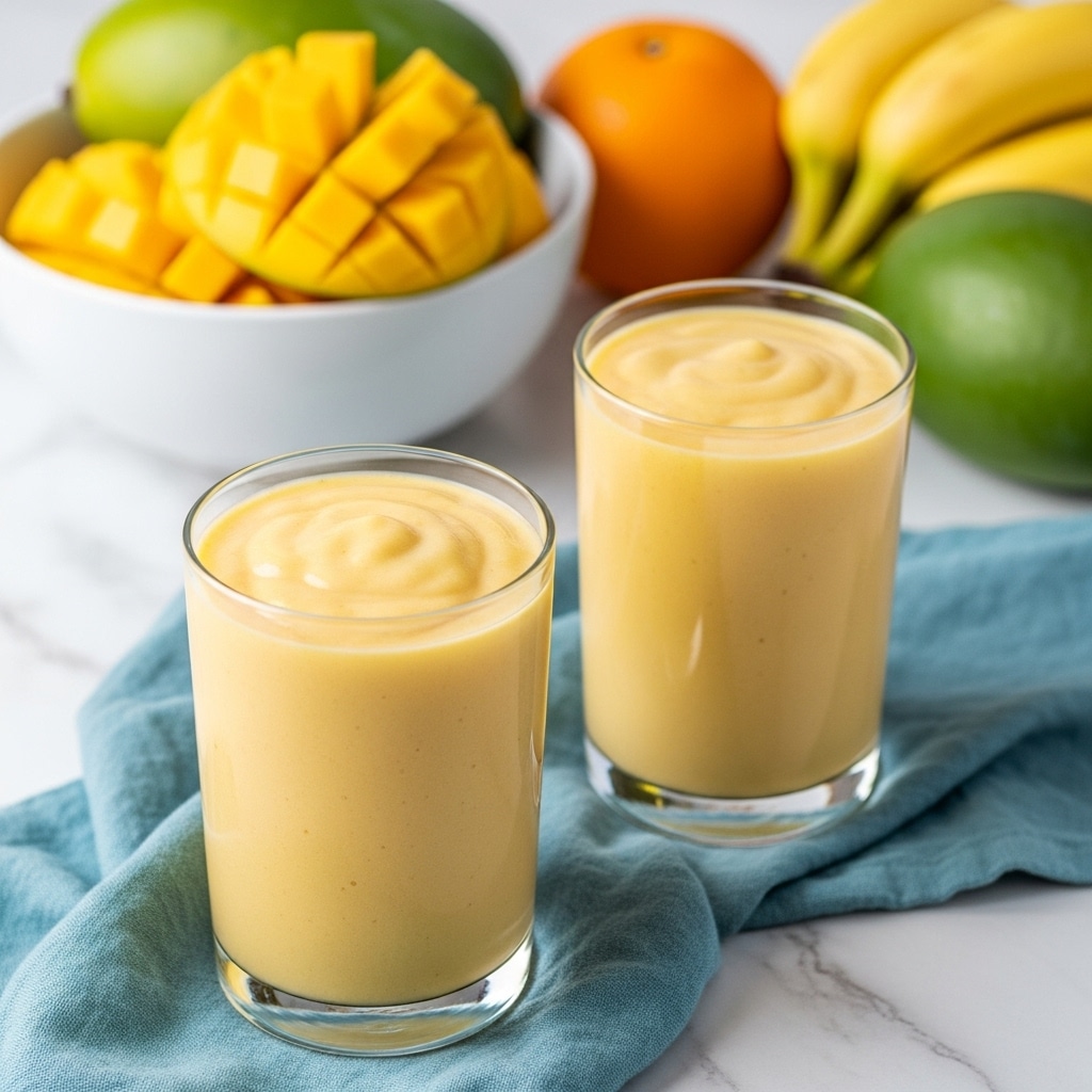 Two tall clear glasses are filled with a thick creamy yellow smoothie, each glass showing smooth texture on top with a slight shine. The glasses are placed on a blue cloth on a white marbled surface. Behind the glasses, there is a white bowl with bright yellow chunks of fruit, and scattered around it are a green mango, an orange, and a bunch of small bright yellow bananas. The scene is bright and fresh, with natural colors and soft lighting. Photo taken with an iphone --ar 4:5 --v 7