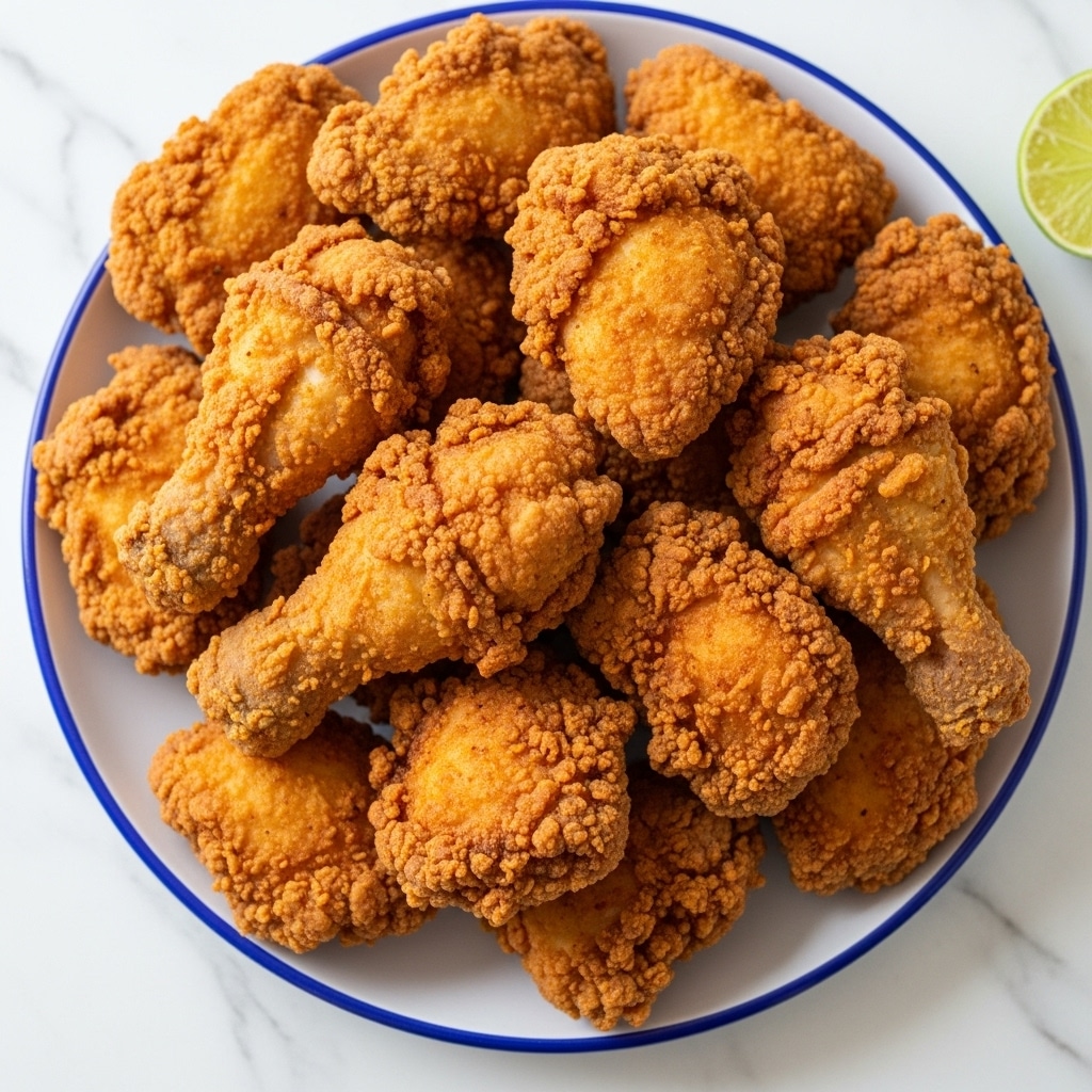 A white plate with a blue rim is filled with a pile of golden-brown fried chicken pieces. The chicken has a crispy, rough texture with crinkled edges and uneven shapes, showing layers of crunchy coating. The pieces are stacked closely in the center of the plate, giving a thick and hearty look. The plate sits on a white marbled surface with a small wedge of lime visible in the corner. photo taken with an iphone --ar 4:5 --v 7