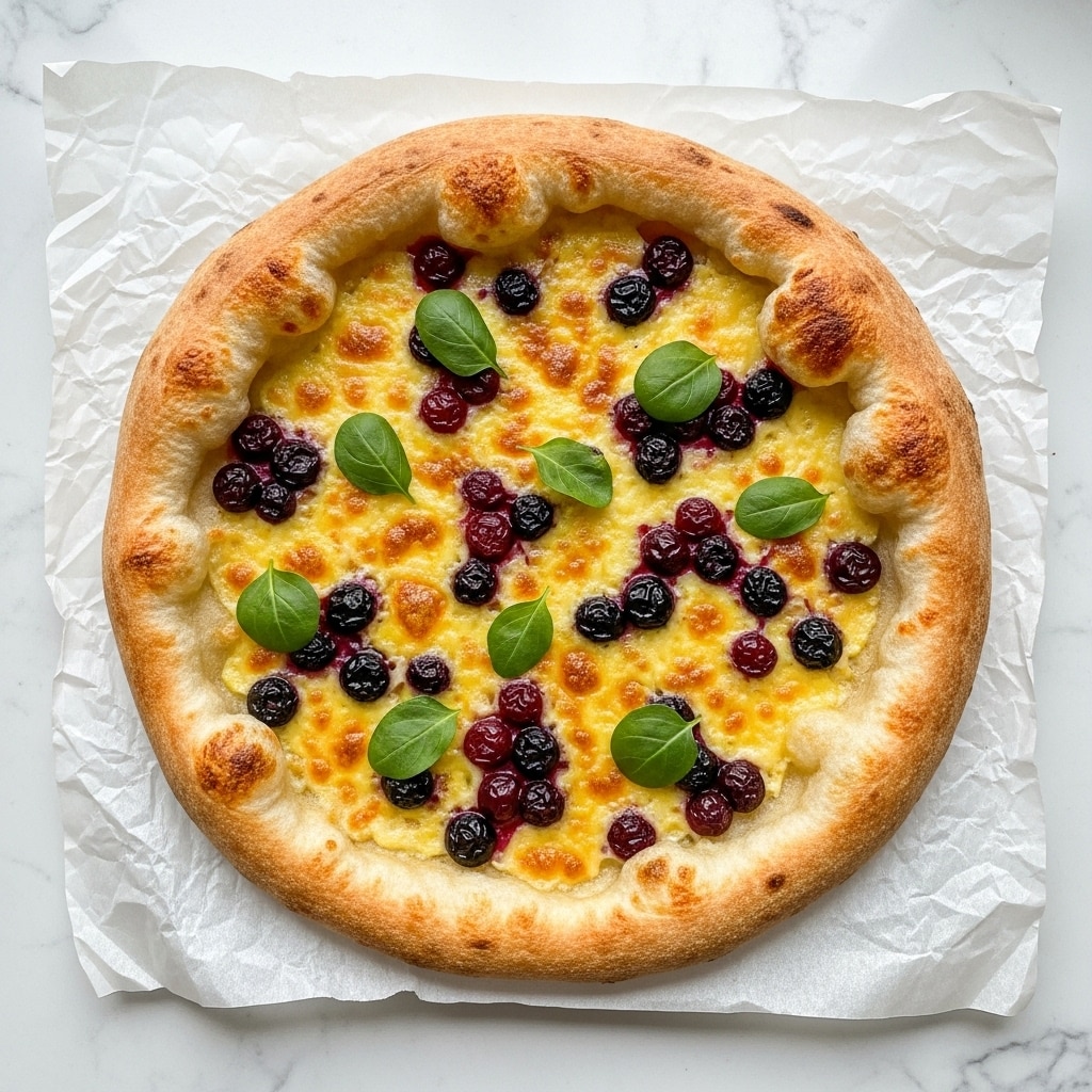 The image shows a round pizza with a thick, golden-brown crust that is slightly puffed and uneven around the edges. The pizza has a layer of melted, bubbly cheese that covers the whole top surface, with small browned spots scattered throughout. On top of the cheese, there are many dark red to almost black grapes that look roasted, unevenly placed but covering most of the pizza. Some green leaves, possibly herbs, are scattered lightly across the surface, adding a fresh contrast to the rich colors. The pizza is placed on white parchment paper over a white marbled surface, creating a clean and bright background. photo taken with an iphone --ar 4:5 --v 7