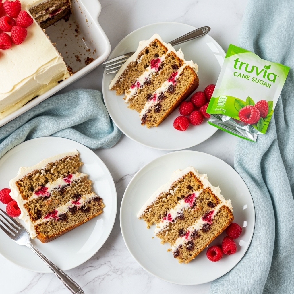 In the image there are two slices of layered cake on white plates placed on a white marbled surface. Each cake slice shows four clear layers of light brown cake with small dark spots, separated by three layers of white cream with bits of red fruit mixed in. On top of the cake slice is a smooth layer of white cream. Next to each slice are a few fresh red raspberries. One plate has a silver fork resting on a blue cloth napkin beside it. In the upper part of the scene, part of a white rectangular dish holds a larger piece of the same cake with raspberries on top, and a green and white pouch of Truvia cane sugar blend lies nearby. Photo taken with an iphone --ar 4:5 --v 7