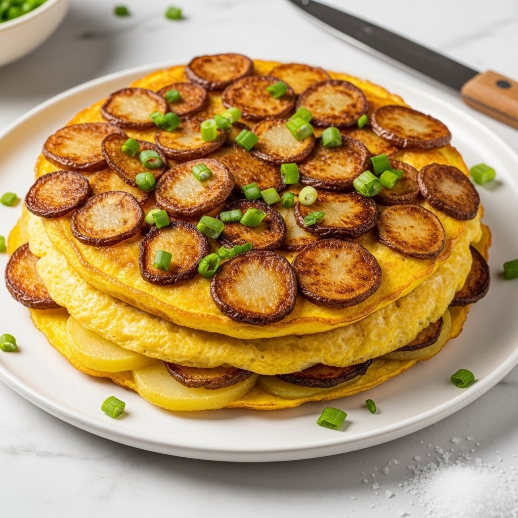 A round dish sits on a white plate, showing a thick layer of golden brown omelette with a rough, crispy edge. Slices of browned potatoes are scattered evenly across the top, some slightly charred, adding a mix of light and dark golden rings. Thinly sliced green onions are sprinkled over, adding small bright green circles for a fresh look. The omelette has texture from the cooked egg and potatoes, with some parts darker, almost burnt, especially on one side. The plate is on a white marbled texture, and the photo has a soft natural light. Photo taken with an iphone --ar 4:5 --v 7