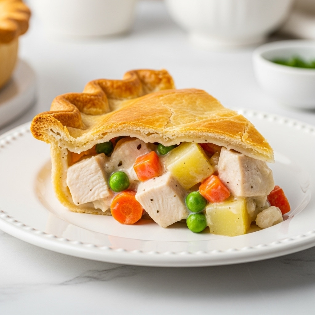 A thick slice of chicken pot pie is placed on a white plate with a beaded edge, sitting on a white marbled surface. The top layer is a shiny, golden-brown puff pastry crust that looks crisp and flaky, with crimped edges. Beneath this crust is a creamy filling that includes chunks of white chicken, green peas, orange carrot pieces, and small white potato chunks mixed in a thick beige sauce. The filling is visible from the side, showing a rich texture with soft vegetables and tender meat. A blurred white bowl with green herbs is in the background. photo taken with an iphone --ar 4:5 --v 7