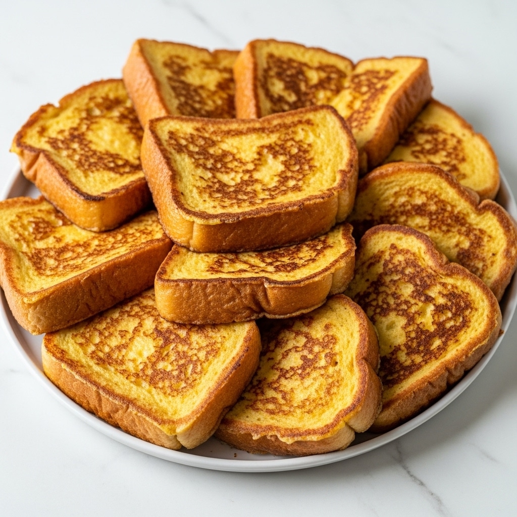 A white plate filled with multiple thick slices of golden brown French toast, each slice showing a crispy, browned surface with slight variations in texture and color from light to darker golden patches. The slices are layered in a casual, overlapping pile, showing their soft and slightly fluffy edges, with some slices standing upright and others resting sideways on the plate. The plate sits on a white marbled surface, giving a clean and simple background. photo taken with an iphone --ar 4:5 --v 7