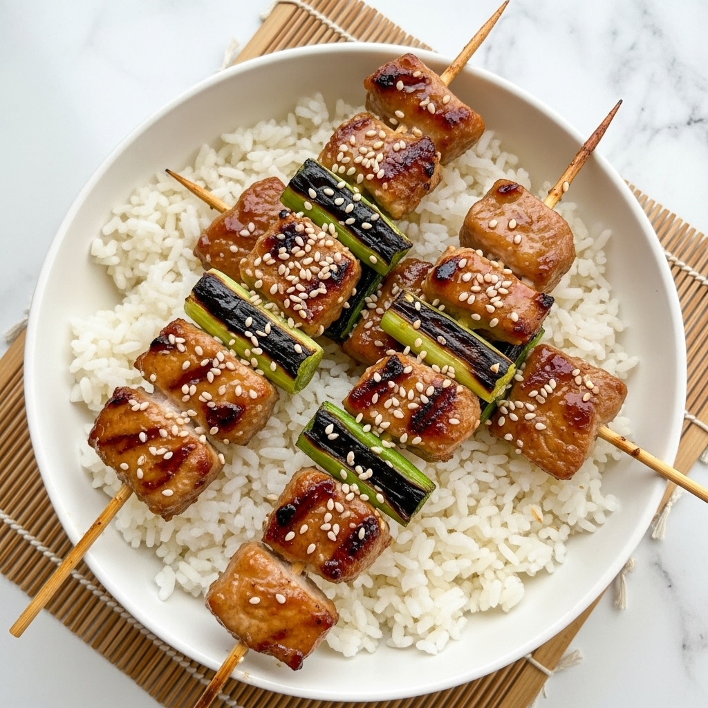 A white bowl filled with a base layer of plain white rice with some spots of light soy sauce visible on top. Resting on the rice are two wooden skewers, each with five pieces of grilled meat and four pieces of grilled green onion, arranged alternately. The meat pieces are golden brown with some char marks, and the green onion pieces have grill marks and a vibrant green color. The skewers are sprinkled with white sesame seeds. The bowl is placed on a bamboo mat over a white marbled surface. photo taken with an iphone --ar 4:5 --v 7