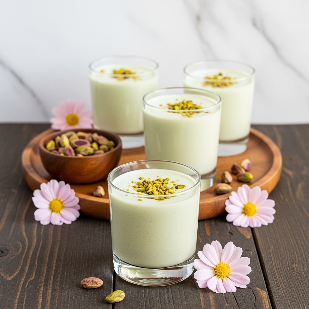 The image shows four clear glasses filled with a pale green creamy drink, each glass topped with crushed nuts that add a speckled green and brown texture over the smooth surface. Three glasses are placed on a round wooden tray along with a small wooden bowl filled with more crushed nuts. In the front, one glass sits directly on a rustic wooden table, surrounded by scattered nut pieces and delicate white and light pink flowers for decoration. The background is a white marbled texture. photo taken with an iphone --ar 4:5 --v 7