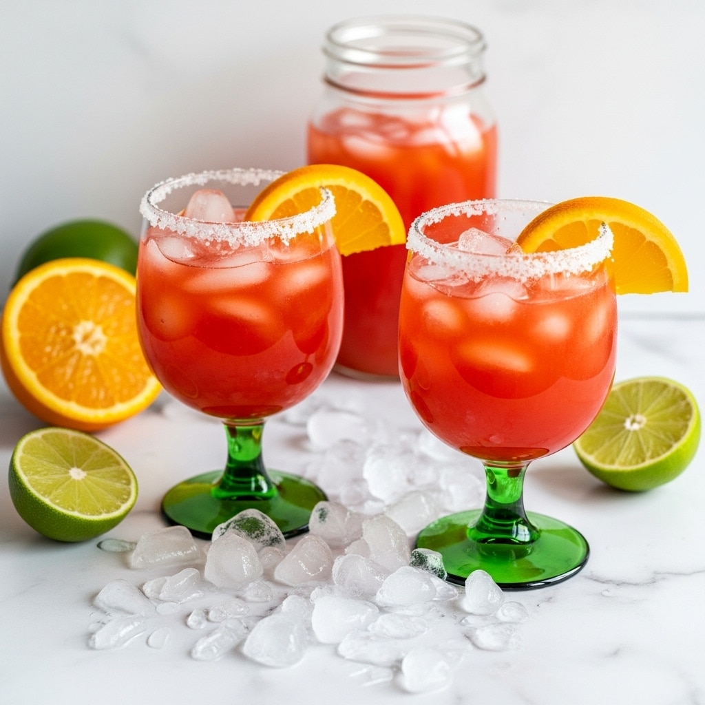 Two orange-red frozen drinks fill clear glasses with green stems. Each drink has crushed ice on top, creating a lighter foamy layer, and a thin ring of salt lines the rims. There is a half-moon orange slice on the rim of the closer glass. Around the glasses, there are small white ice cubes scattered on a white marbled surface, along with half a cut orange and a lime wedge. In the background, a glass jar with orange liquid is slightly blurred. photo taken with an iphone --ar 4:5 --v 7