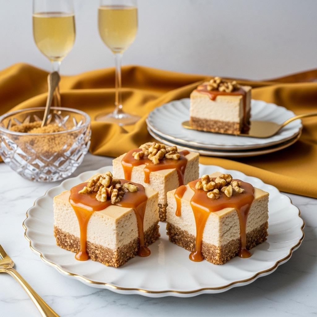 The image shows three square cheesecake pieces on a white scalloped plate with a gold trim. Each cheesecake has two visible layers: a thicker creamy light beige layer on top and a thinner crumbly brown base layer. The cheesecakes are topped with caramel sauce dripping down the sides and chopped nuts scattered on top. One cheesecake piece is served on a white round plate in the background with a gold-edged wooden spatula underneath it. Next to the plate is a small clear glass bowl filled with brown sugar. The setting is on a rich golden fabric surface with two tall, thin champagne glasses partially in view. photo taken with an iphone --ar 4:5 --v 7
