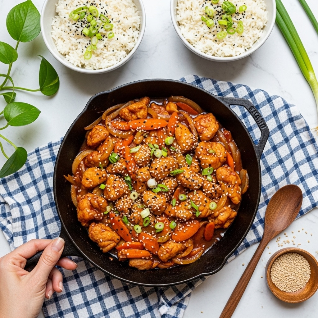 A large black pan filled with a colorful stir-fry sits on a white marbled surface covered partly by a blue and white checkered cloth. The stir-fry has three main layers: the bottom layer of glossy brown sauce coats all ingredients, the middle layer has chunks of cooked chicken that are light brown and tender, and the top layer has bright orange carrot slices, light green and white onion pieces, and some sesame seeds sprinkled over it. A woman's hand is holding the pan handle at the bottom left, while green leafy plants, a small wooden bowl of sesame seeds, and two white bowls of white rice with some green onion garnish surround the pan. A black ladle with a wooden handle rests on the cloth near the bottom right. photo taken with an iphone --ar 4:5 --v 7