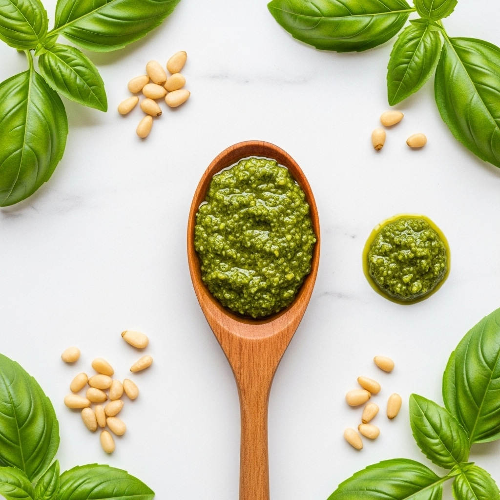 A wooden spoon lies on a white marbled surface, filled with a thick, bright green pesto sauce that has a slightly chunky texture. Around the spoon, small pale pine nuts are scattered, along with fresh green basil leaves that are shiny and smooth, adding vibrant color contrast. There is also a small drop of pesto near the spoon on the surface. The whole scene is bright with natural light highlighting the rich green and wood tones. photo taken with an iphone --ar 4:5 --v 7