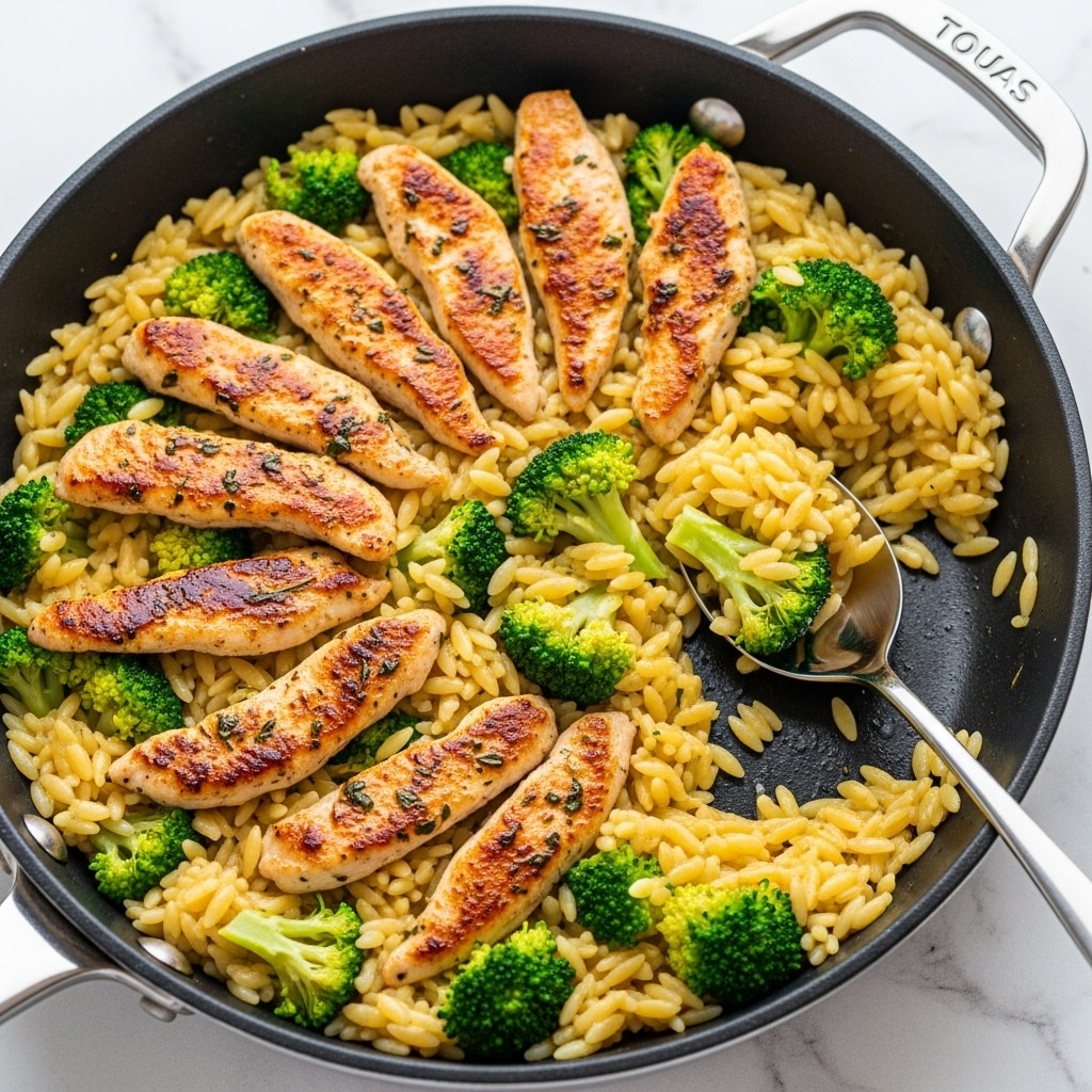 A close-up view of a creamy dish with about two layers: the bottom layer is soft orzo pasta in a smooth yellow cheese sauce, mixed evenly with bright green broccoli florets scattered throughout, and the top layer features golden-brown grilled chicken strips with a slightly crispy, peppered texture resting on the pasta and broccoli. A spoon is partly submerged in the food, lifting some of the orzo and broccoli. The dish is in a white pan placed on a white marbled surface. Photo taken with an iphone --ar 4:5 --v 7