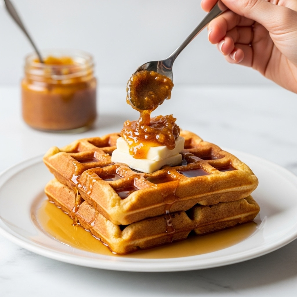 A stack of two golden brown waffles sits in the center of a white plate with a thin gray rim. The waffles show a classic grid pattern with syrup pooling in the pockets and spilling onto the plate. On top of the stack is a small square of pale butter beginning to melt. A woman's hand holds a vintage silver spoon above the waffles, adding a dollop of thick, textured brown spread. In the background, a small glass jar filled with the same brown spread is slightly out of focus on a white marbled surface. photo taken with an iphone --ar 4:5 --v 7