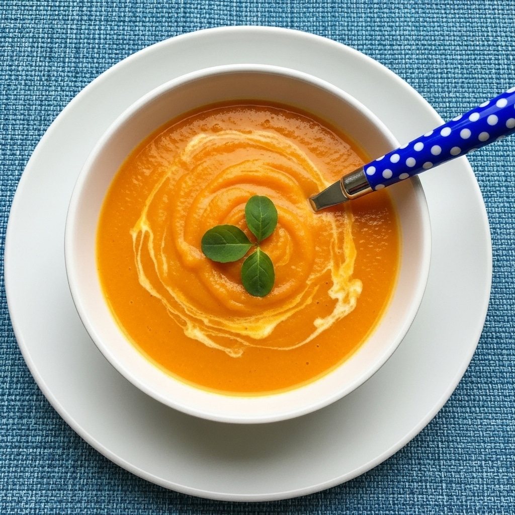 A white bowl with a smooth, bright orange soup inside sits centered on a white plate. The soup has a creamy texture and is topped with three fresh green leaves placed neatly in the middle. A blue spoon with white polka dots rests inside the bowl on the right side. The setting is on a surface with a white marbled texture. photo taken with an iphone --ar 4:5 --v 7
