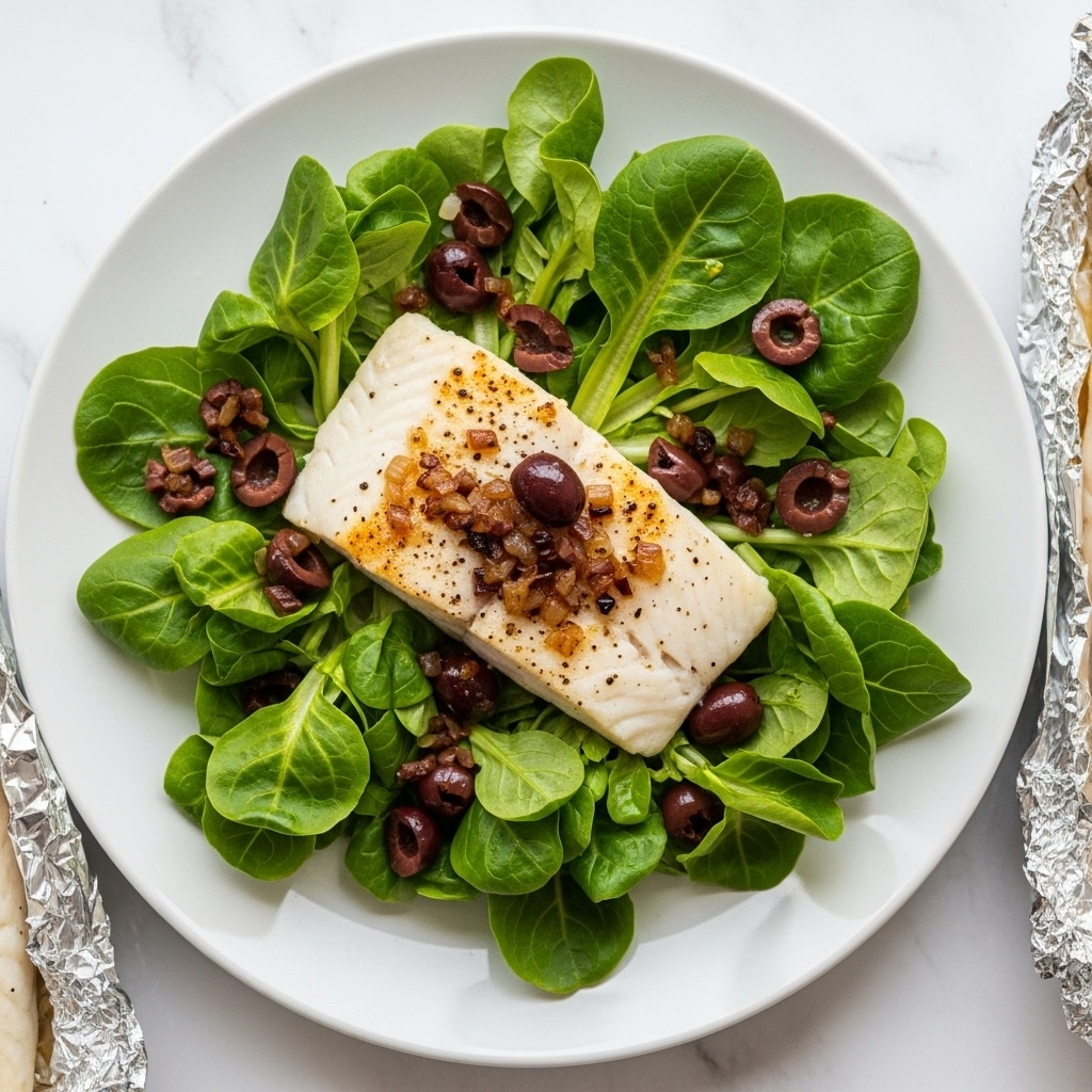 A large white plate holds a single flat, light beige cooked fillet placed on a bed of fresh, mixed green lettuce leaves with different shapes and sizes. Scattered on the lettuce around the fillet are dark brown olives and small bits of light brown garnish. To the left of the plate is another serving of the cooked fillet on crinkled aluminum foil. The setting is on a wooden surface with visible texture. Photo taken with an iphone --ar 4:5 --v 7