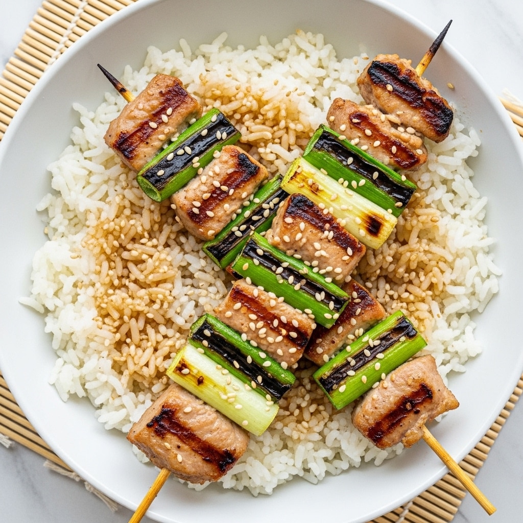 The image shows a white bowl filled with fluffy white rice as the base layer, covering the entire bottom. On top of the rice, there are two wooden skewers placed diagonally, each holding three pieces of grilled meat that are golden brown with slight charring and coated with a glossy sauce. Between the meat pieces on the skewers, there are sections of grilled green onions, slightly charred with dark grill marks. The skewers are sprinkled with light brown sesame seeds. The bowl is placed on a bamboo mat with a white marbled surface in the background. photo taken with an iphone --ar 4:5 --v 7