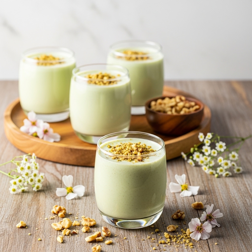 Four short clear glasses hold a creamy pale green drink topped with small chopped pistachio pieces. Three glasses are arranged on a round wooden tray at the back, with a small wooden bowl filled with chopped pistachios. One glass is placed in front of the tray on a dark wooden surface. Light pink flowers with yellow centers are scattered around on the wood. The background is a white marbled texture. photo taken with an iphone --ar 4:5 --v 7
