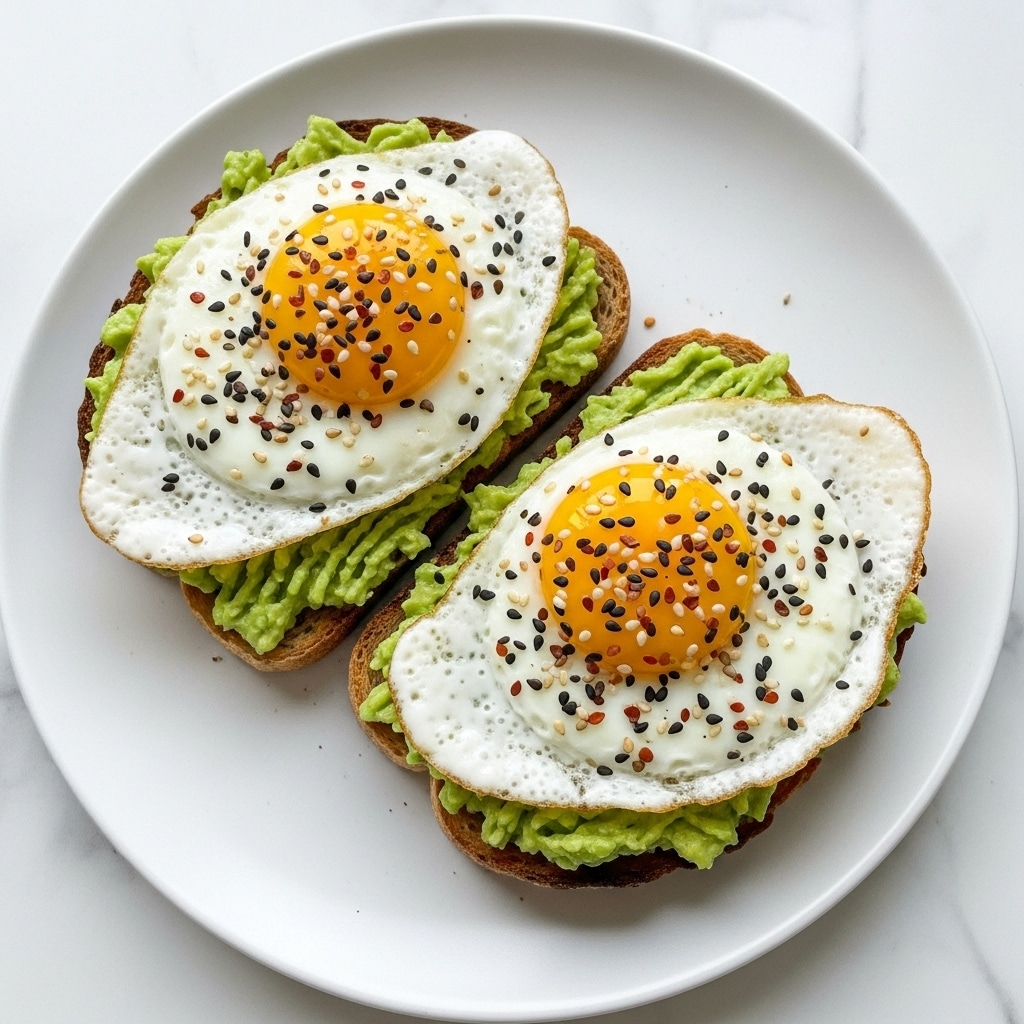 Two slices of toasted bread sit on a white plate with a white marbled texture surface beneath. Each slice is topped with a thick layer of bright green mashed avocado, followed by a layer of fried eggs with shiny, soft white edges and bright yellow yolks in the center. The eggs are sprinkled with a mix of seasoning that includes small black, white, and brown specks, adding texture and color contrast. The arrangement is simple and fresh, showing clear separation of each layer with vibrant colors on the white plate. photo taken with an iphone --ar 4:5 --v 7