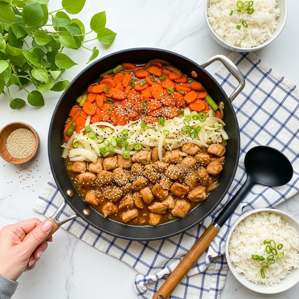A black cast iron pan full of stir-fried chicken and vegetables held by a woman's hand at the lower left corner. The dish has three main layers: the bottom layer consists of a glossy, reddish-brown sauce coating the food; the middle layer is made of cooked chicken pieces in light orange-brown color mixed with large slices of orange carrots; the top layer has translucent cooked onions and green chopped scallions sprinkled with white sesame seeds. The pan is placed on a blue and white checked cloth over a white marbled surface. Around the pan, there are two white bowls filled with white rice topped with green sliced scallions and black sesame seeds, a black and wooden spoon, a small wooden bowl with sesame seeds, and a green leafy plant on the left. photo taken with an iphone --ar 4:5 --v 7
