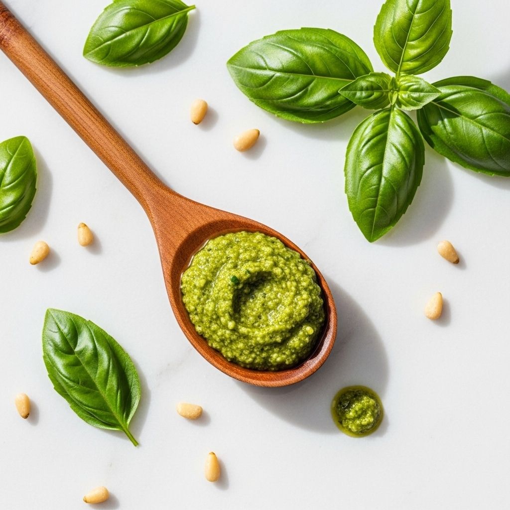 A wooden spoon rests flat, filled with vibrant green pesto sauce that has a slightly coarse texture and glistens with a light shine. Around the spoon on a white marbled surface, several fresh, bright green basil leaves with visible veins are positioned at the corners, adding a natural touch. Small, pale pine nuts are sprinkled loosely around the spoon, some clustered near the leaves and others near the sauce. A small drop of pesto sits to the right of the spoon, showing its thick and smooth consistency. The overall scene is bright and fresh with natural colors and textures. photo taken with an iphone --ar 4:5 --v 7